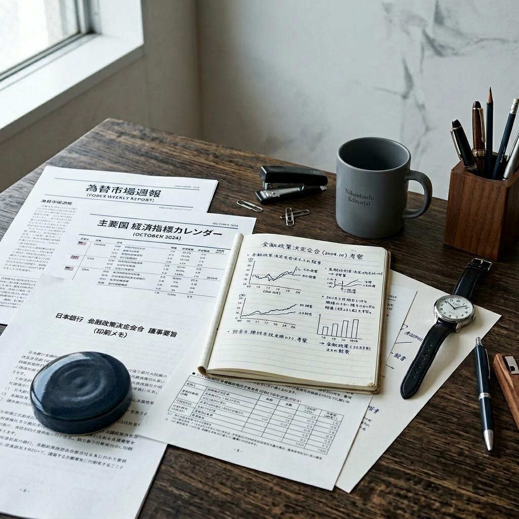 日本橋の編集部デスクに積まれた為替レポートと経済指標の資料