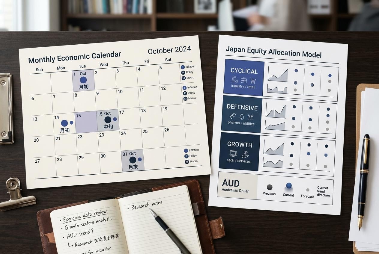 主要な経済指標のカレンダーと日本株のアロケーション表を並べた編集部ノート