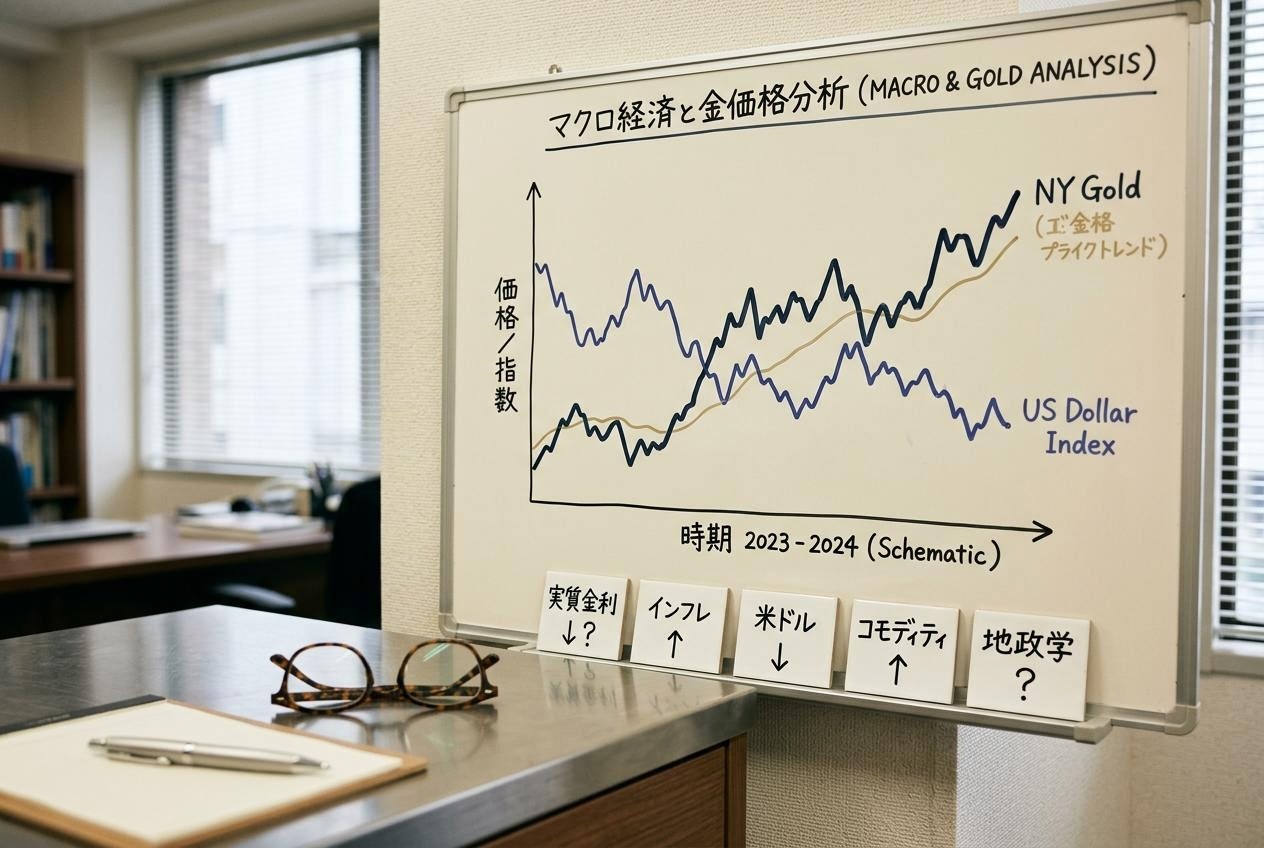 NY金の推移チャートと米ドル為替のチャートを並べて読み解く編集部の様子