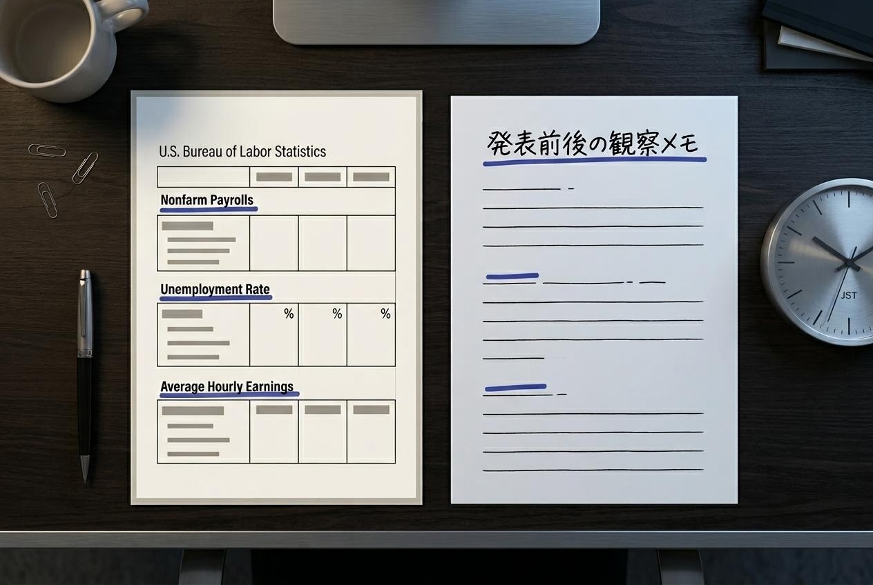 アメリカ雇用統計発表資料と東京市場の朝のチャートボードを並べた編集部の作業机