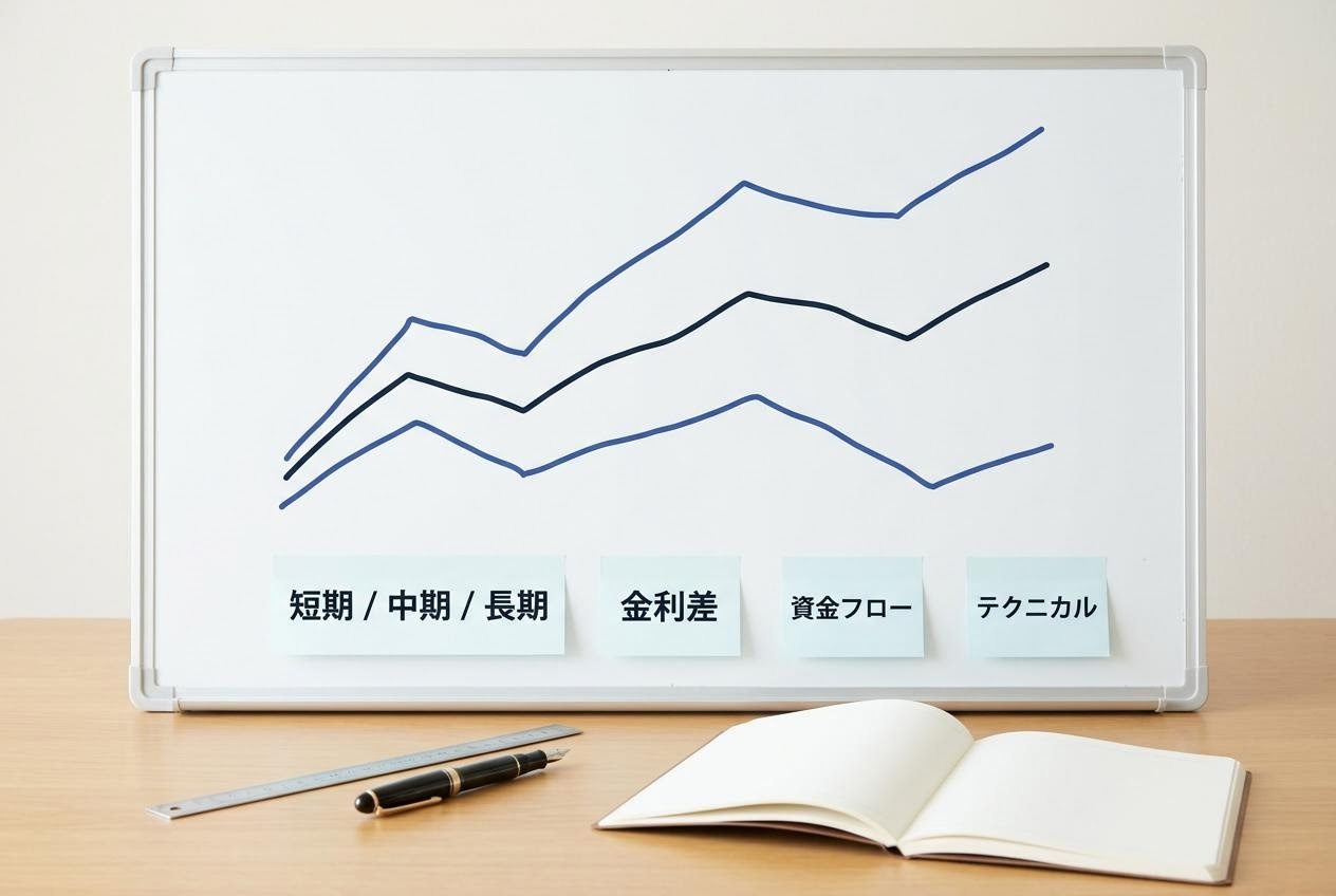 ドル円予想を三本のシナリオで並べた編集部のホワイトボード