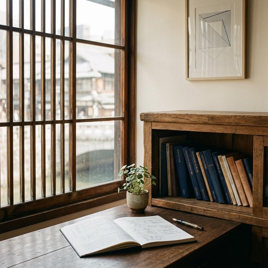 日本橋の編集部で複数の為替レポートと経済指標カレンダーを見比べている様子