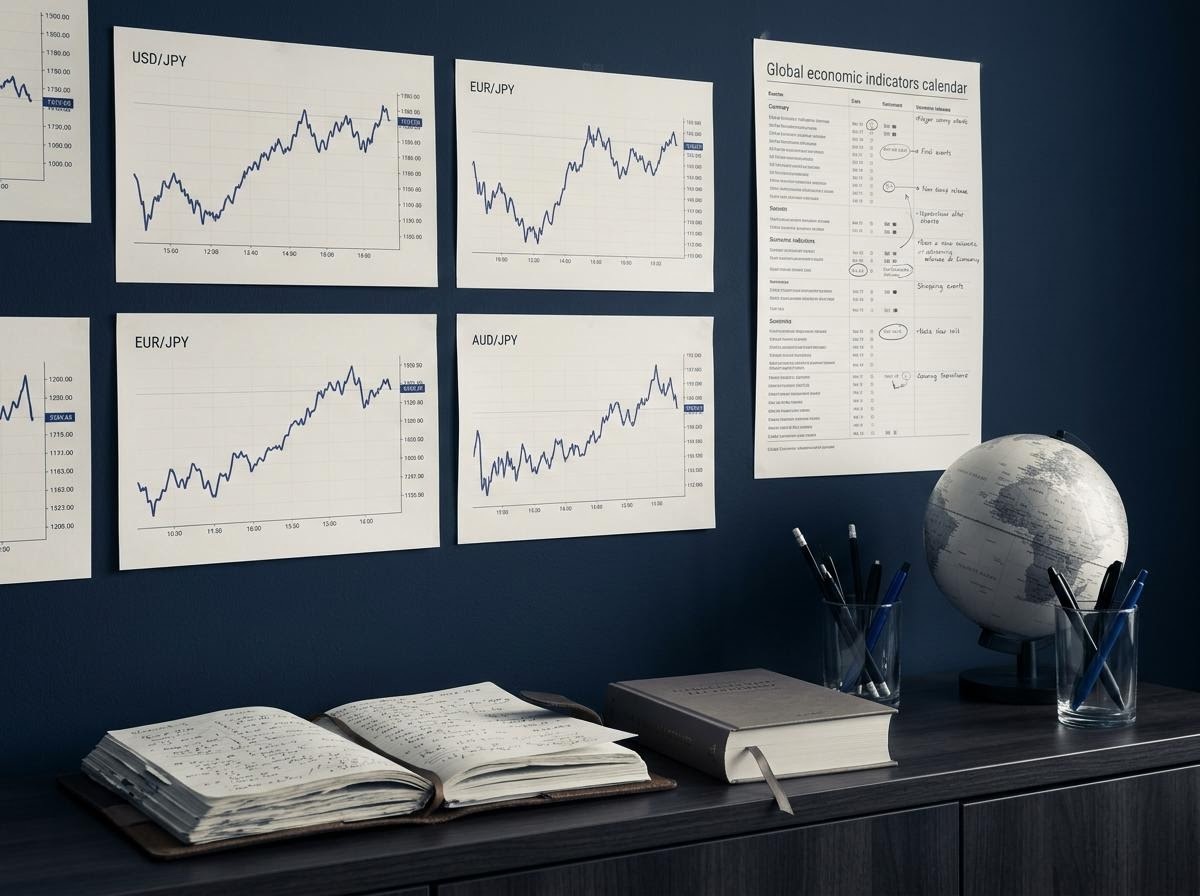 編集部で経済指標カレンダーと為替相場チャートを並べて観察している光景